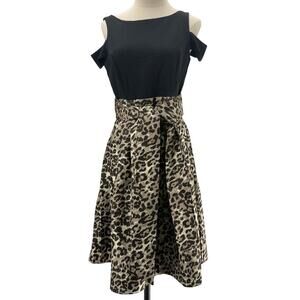 Black Leopard Fit and Flare Dress Cold Shoulder Sleeve Women's 4 Eliza